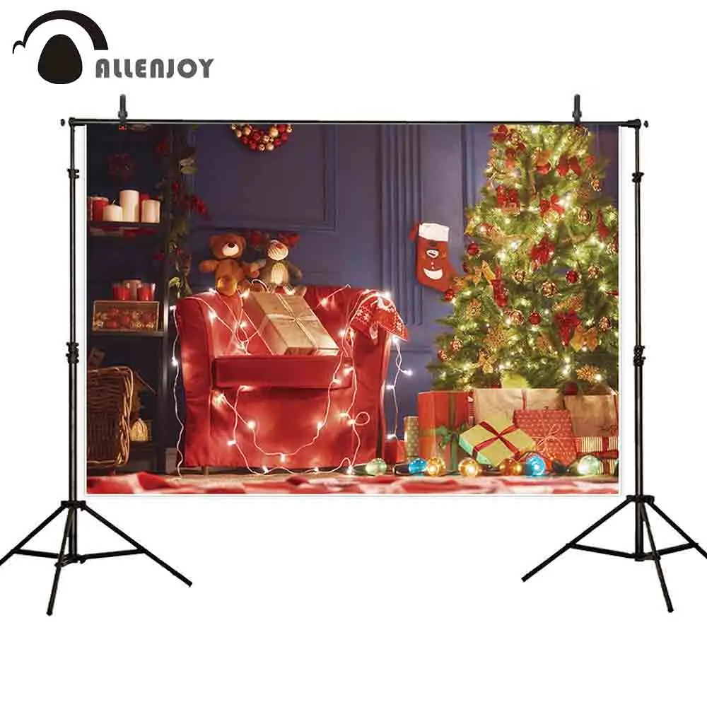 Allenjoy التصوير خلفية عيد الميلاد شجرة ضوء الهدايا خزانة لعبة الدب calssic الداخل الخيال photographuc خلفية