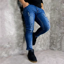 Новинка, мужские джинсы, синие Стрейчевые штаны длиной до щиколотки, рваные, рваные, тонкие, обтягивающие, джинсовые, байкерские джинсы, уличные брюки
