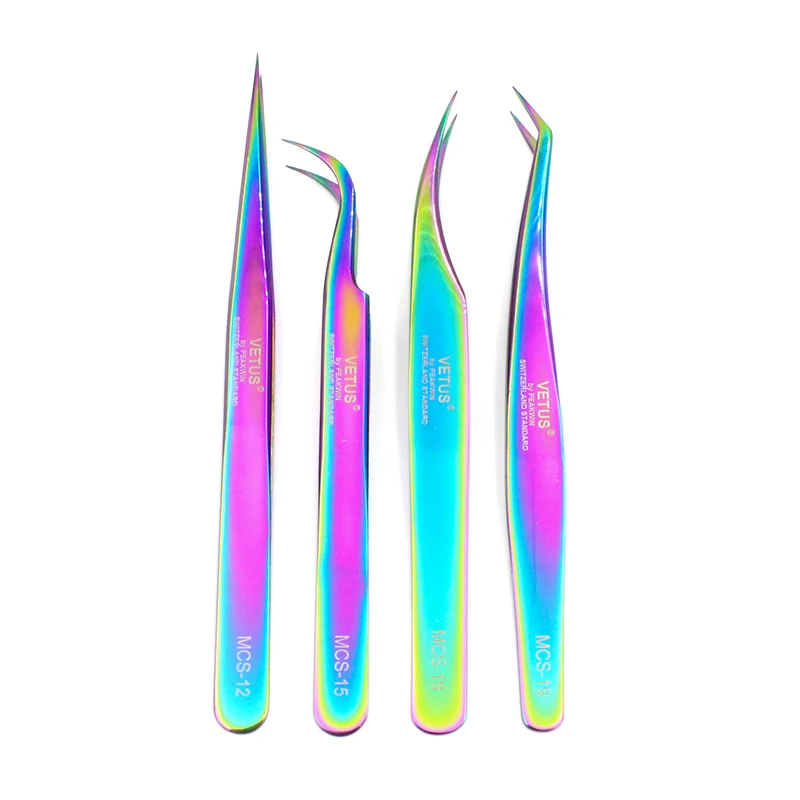 4PCS VETUS Original MCS Bright Blue Premium Beauty Makeup Tweezers for Eyelashes Extension Super Fine Tip High Precision Clip 4