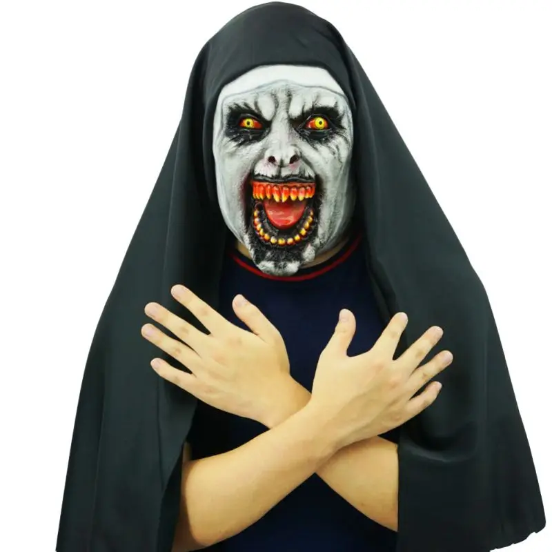 Scary Halloween Latex Nun Mask Horror Full Face Covered With Headscarf For Adults Children Cosplay Prank Props