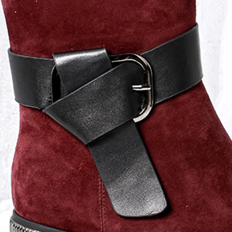 BELISS 2018 fashion winter boots women mid calf genuine leather round toe snow boots ladies high heels buckle  (1 (24)