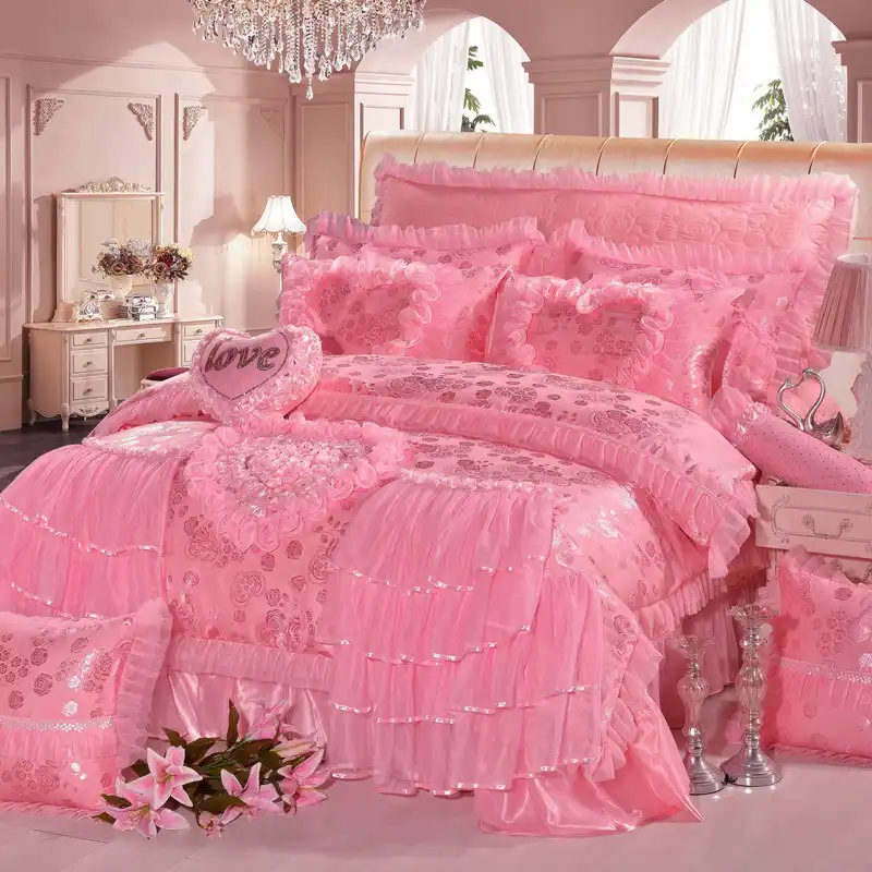 Hot 4 6 8 Pcs Jacquard Lace Red Pink Luxury Bedding Set Queen King