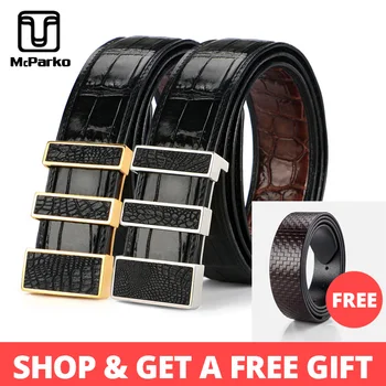 

McParko Precious Crocodile Leather Belt Men Double side Crocodile Belt Luxury Design Stainless Steel Buckle Waist Belt Brown New