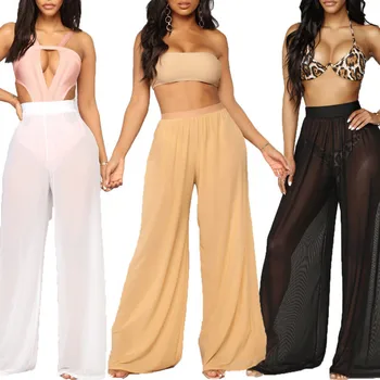 

New Sexy Women Beach Mesh Pants Sheer Wide Leg Pants Solid Transparent See through Sea Holiday Bikini Trousers 3 Color S-XXL