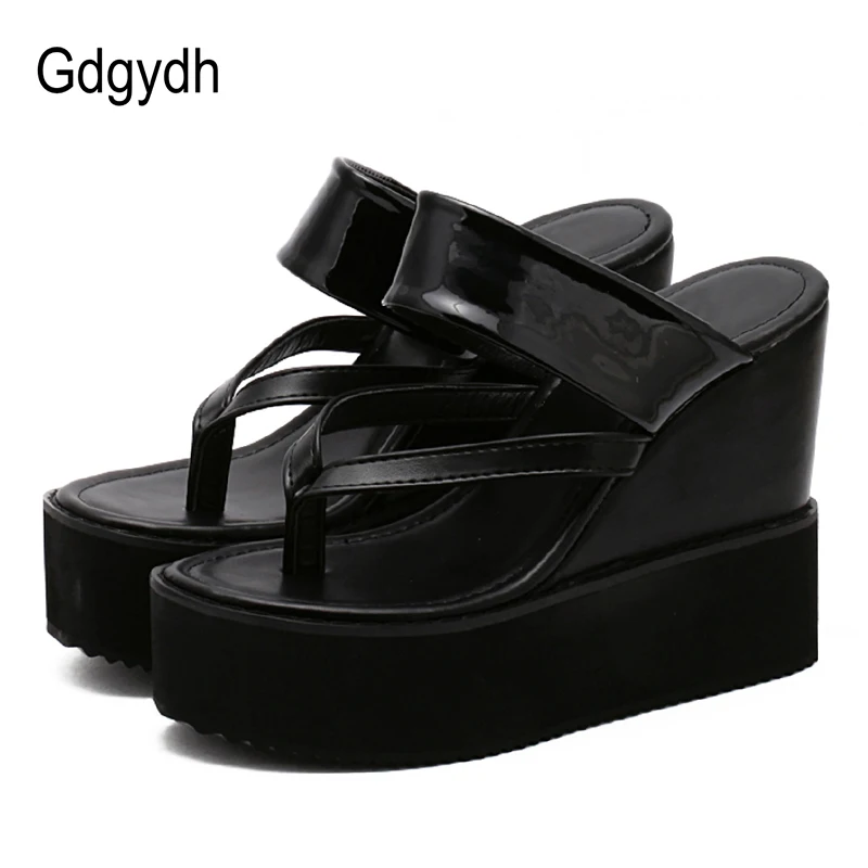 

Gdgydh Slip On Platform Wedges Sandals Women 2019 New Arrival Patent Leather Ladies Summer Shoes Flip Flops Comfortable Black