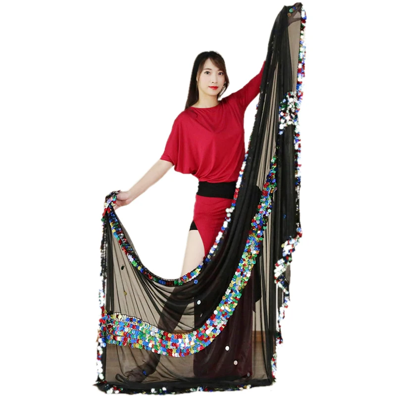 

4 Color Women Belly Dance Costume Sequin Shawl Veil Belly Dance Accessories Handmade Veils 214*150cm Wear Shawl Scarf With
