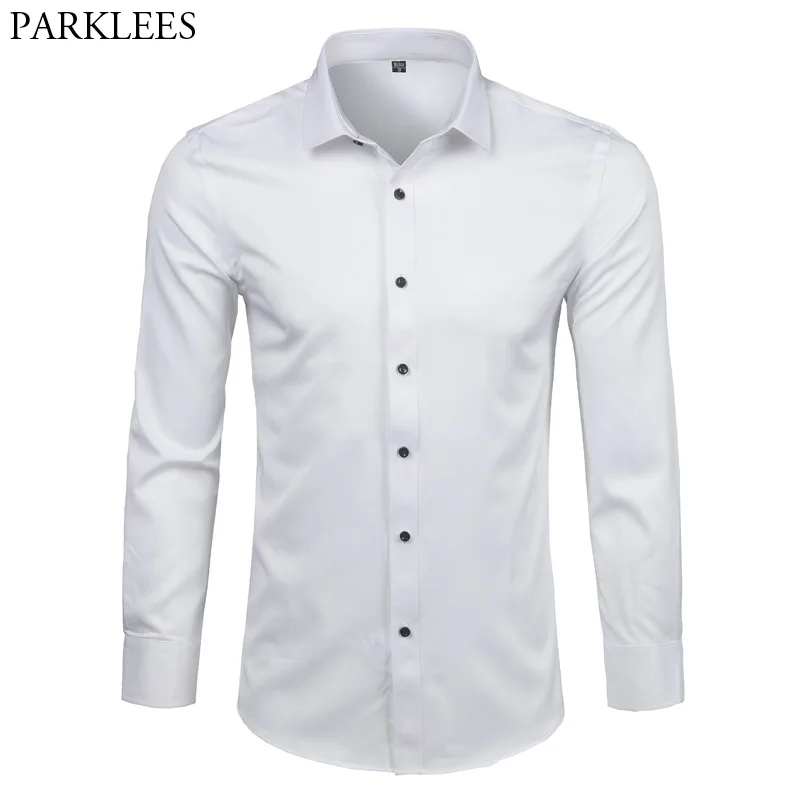 Acheter Hommes de Fiber De Bambou Robe Chemises Slim Fit Chemise À Manches Longues 2018 Nouveau Bouton Casual Bas Élastique Chemises Formelles pour homme d affaires