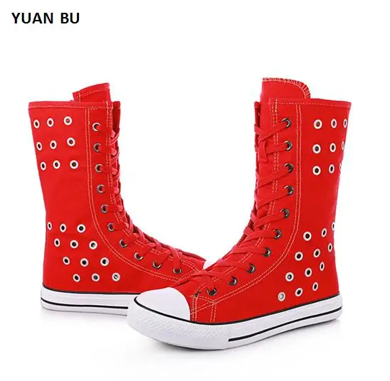 

Hot! New 2018 Fashion Canvas Lace Zip Boots Women Knee High Boots Women Boots Tall Casual Flats Shoes Punk Girls 2 Colors