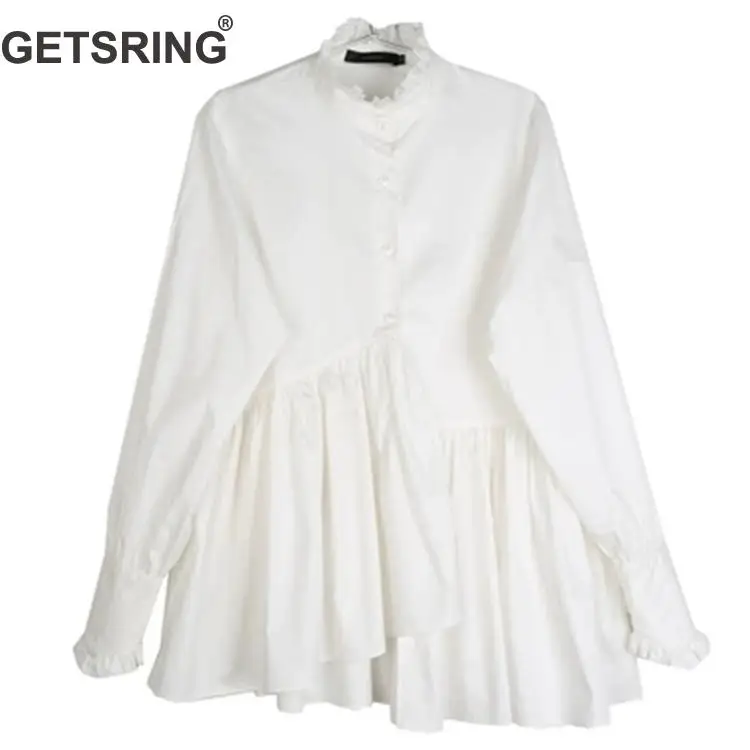 

GETSRING Woman Shirt Irregular Ruffle Cotton Blouse White Asymmetry Standing Collar Loose Casual Shirt Women 2019 New Fashion