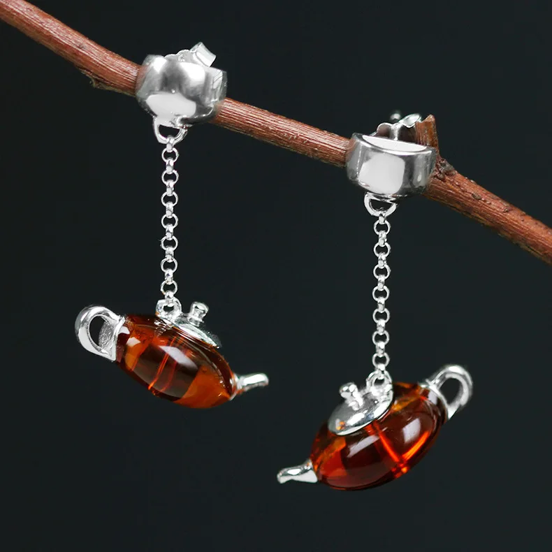 

CMAJOR Designer 925 Sterling Silver Natural Amber Tea Time Teapot Drop Earrings Women Girls Original Fine Jewelry Wholesale