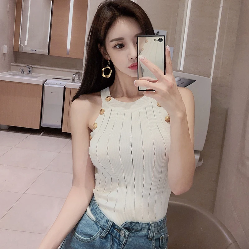 

Summer Sleeveless Halter Women Vest Button Solid Knitted Sheath Sweater Top