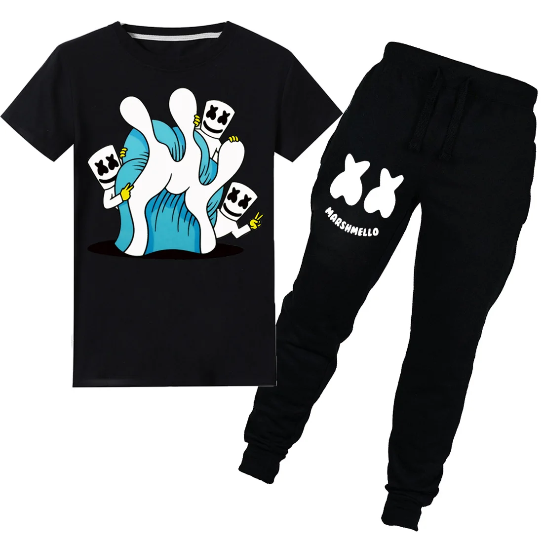 

Kids boy cool T shirt girl summer clothes set 2019 New Marshmello short-sleeved Top pants children 2 two-piece fashion clothing