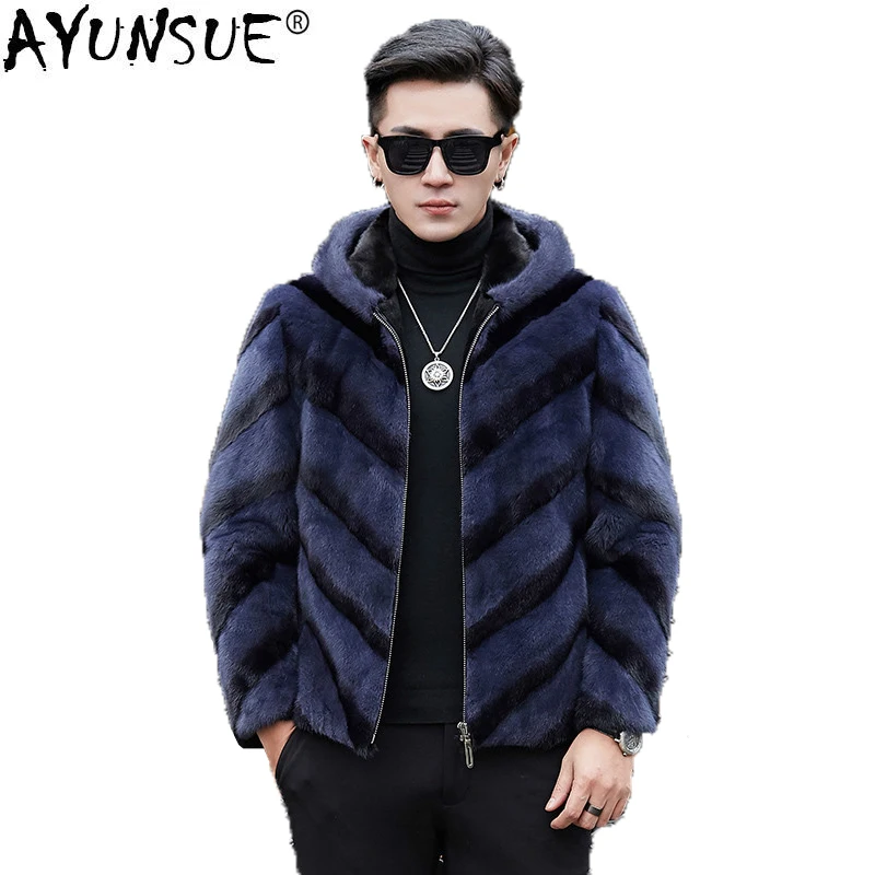 

AYUNSUE Mens Mink Coat Hooded Real Fur Men Winter Jacket 100% Natural Mink Fur Coats Luxury Jackets Male AW1125-1 KJ1403