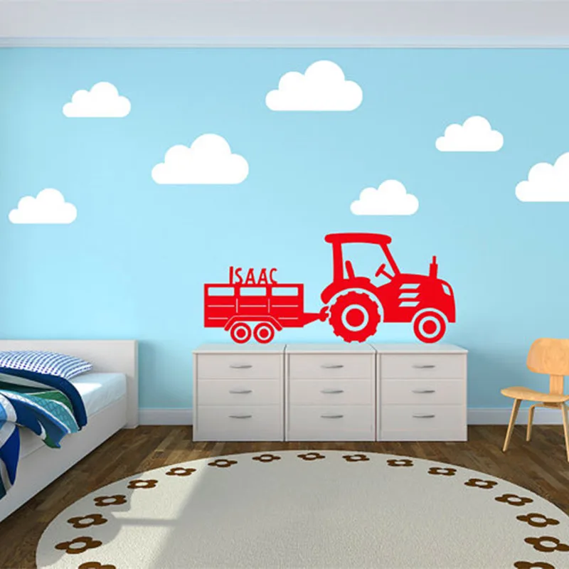 Us 7 98 Motivational Custom Child S Name Decals Tractor And Trailer With Clouds Wall Sticker Vinyl Mural Sticker Wall Art Home Decor In Wall