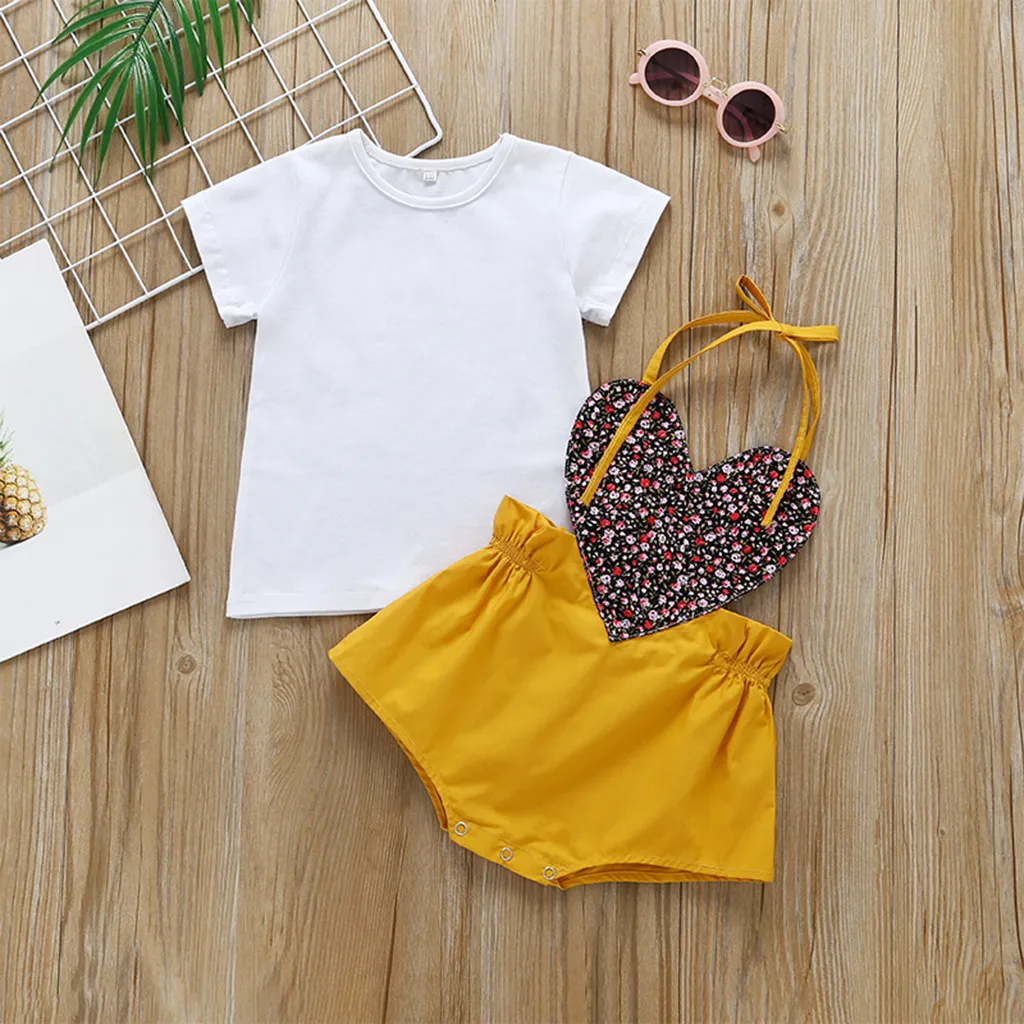 

Toddler Baby Girls Solid T-Shirt Tops+Floral Love Suspenders Romper Outfits Sets