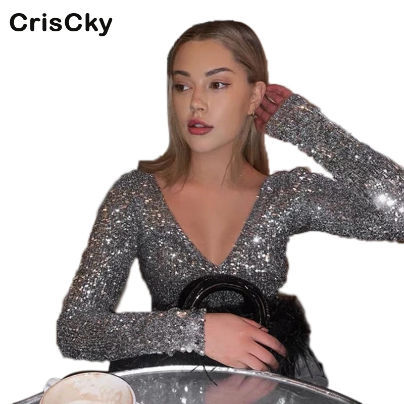 CRISCKY/2019 блузка с глубоким v образным вырезом женская футболка длинными рукавами и