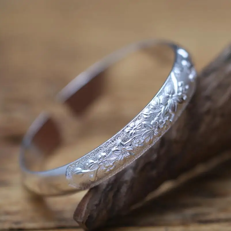 

Original 999 Sterling Silver Plum Bracelet Ethnic Glossy Open Bangle (SYF)