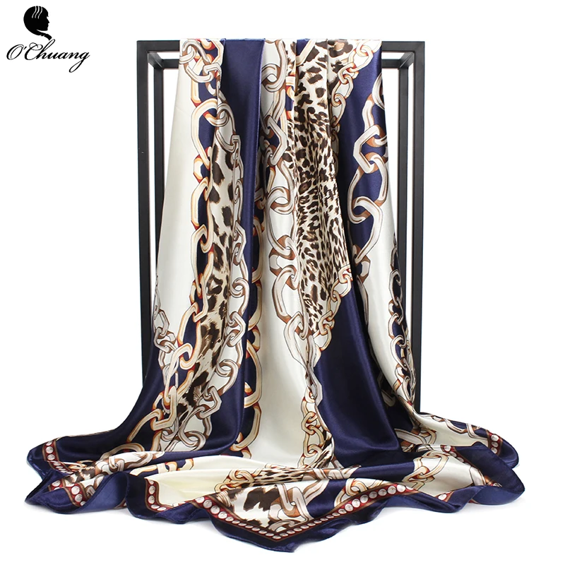 

Fashion Silk Scarf Satin Leopard Shawl Summer Hijab foulard Female 90*90cm Luxury Brand Square Head Scarves for Women