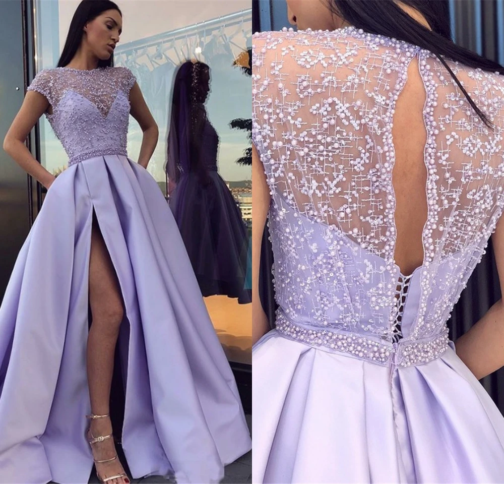 

Sexy Side Split Lavender Evening Dresses 2019 Sheer Scoop Neck Long A Line Prom Graduation For Women With Pocket Cheap Formal Pa