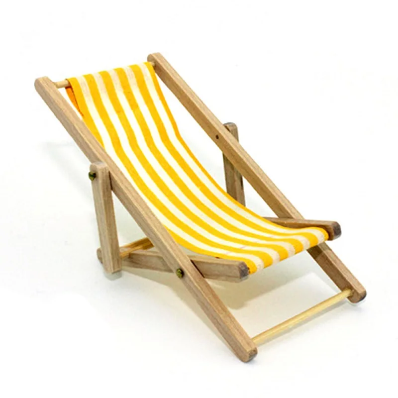 1:12 Mini Stripe Foldable Wood Beach Chair Recliner Sunbathing Chair Chaise Lounge Chair Dollhouse Furniture for Barbie Toy