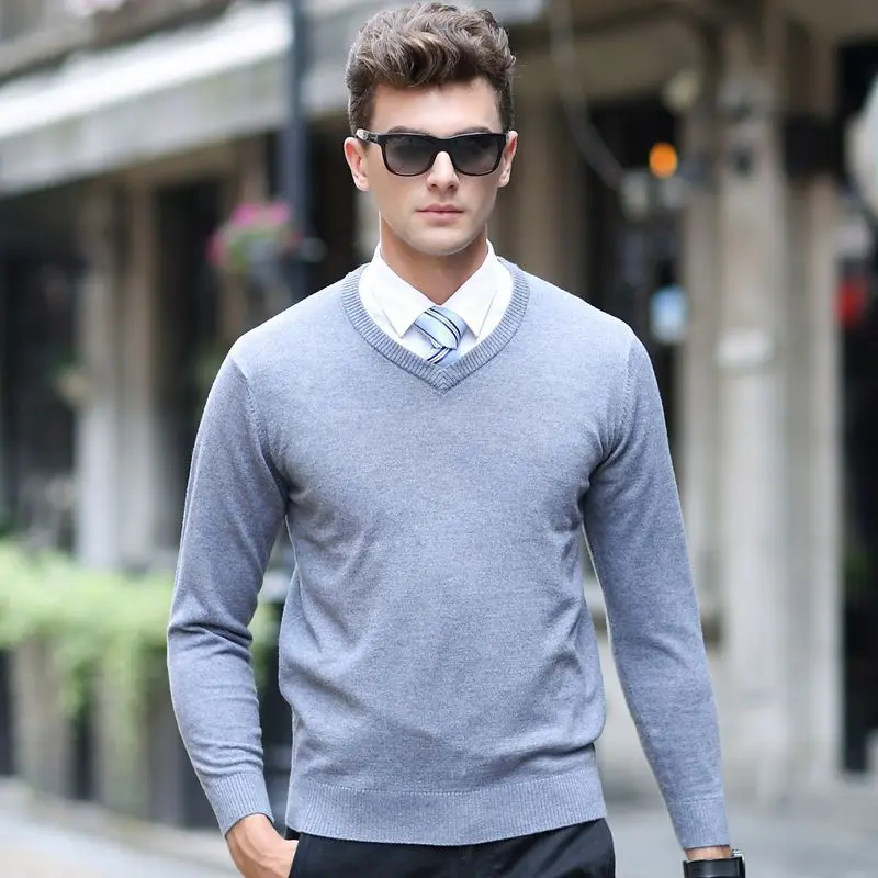 Solid Color Pullover Men V-neck Sweater 