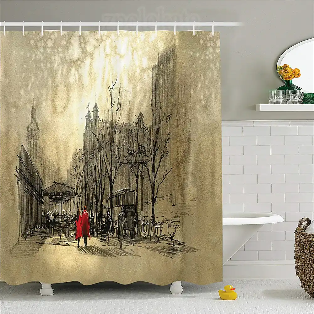 Apartment Decor Shower Curtain Love Couple Walking In City Streets