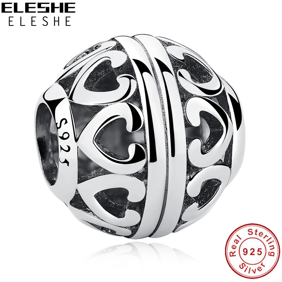

ELESHE Vintage 100% 925 Sterling Silver Openwork Heart Round Charms Bead Fit Original Bracelet & Bangle DIY Jewelry