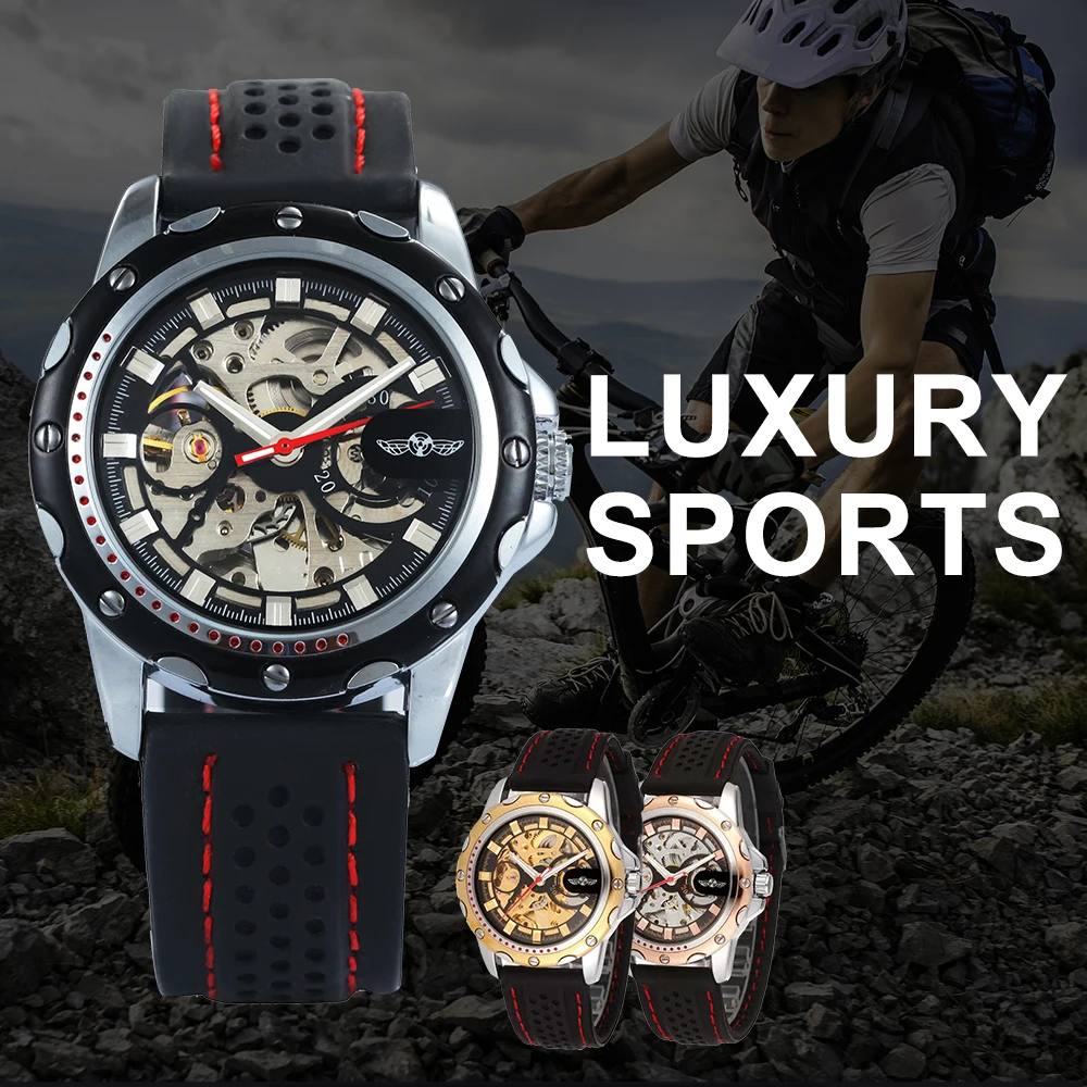 2019 جديد أزياء الرجال التلقائي ساعات آلية رفاهية العلامة التجارية الهيكل العظمي مضيئة الأيدي ساعة بحزام مطّاطي الرياضة الرجال ساعة اليد