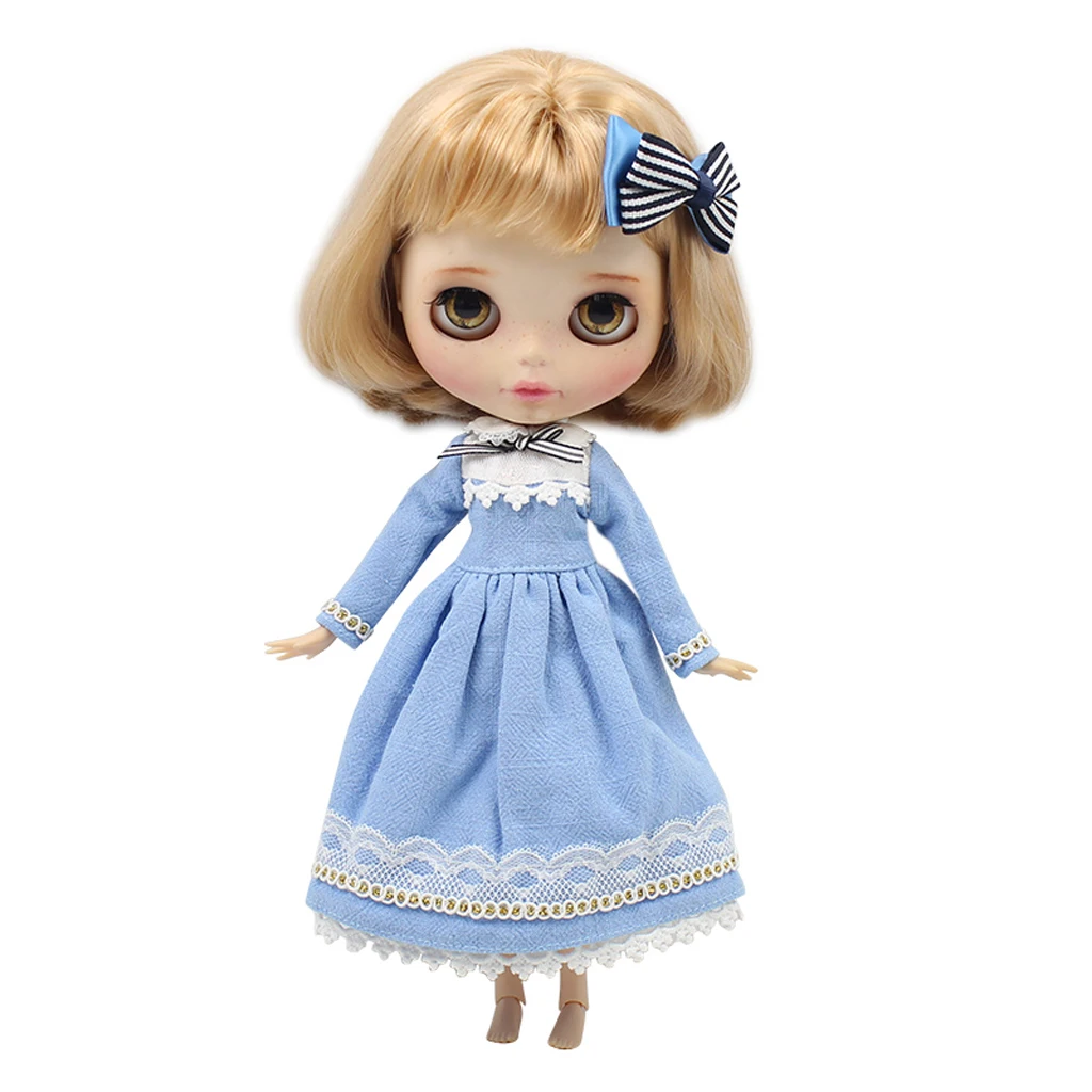 Light Blue Skirt Dress Hairclip Clothing for 1/6 Fashion Doll Neo Azone Licca Dolls Accessories