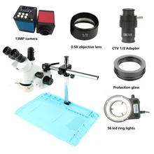 7-45X simul-focal Тринокулярный Стерео микроскоп+ 13MP HDMI VGA цифровой микроскоп камера+ 56 светодиодный светильник+ коврик+ 1/2 адаптер