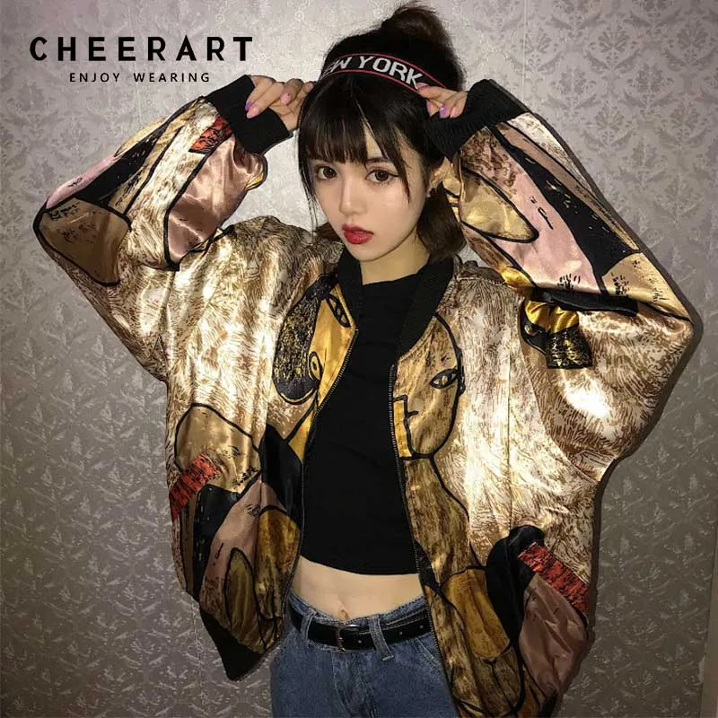 Ideal Cheerart Harajuku Gold Jacket Print Satin Jacket Loose Designer Coats Glitter Thin Baseball Jacket