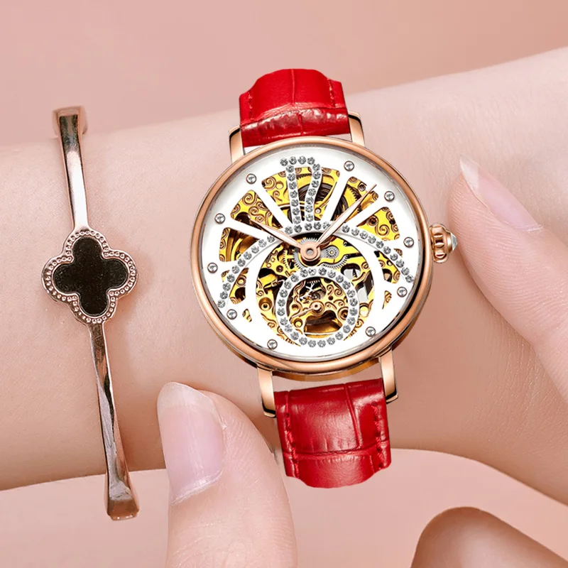 

Brigada brand reloj mujer automatico watch women hollowing Ladies Watch Leather female table waterproof mechanical watches