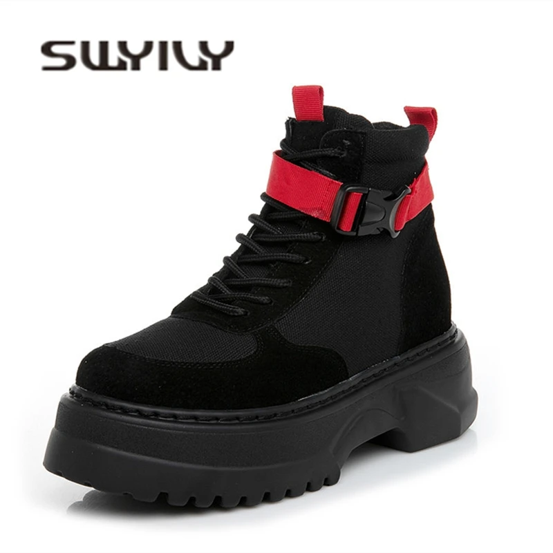 SWYIVY High Top Ladies Shoe Ankle Belt Women Sneakers Autumn Casual Shoes Woman Genuine Leather Platform Sneakers For Women