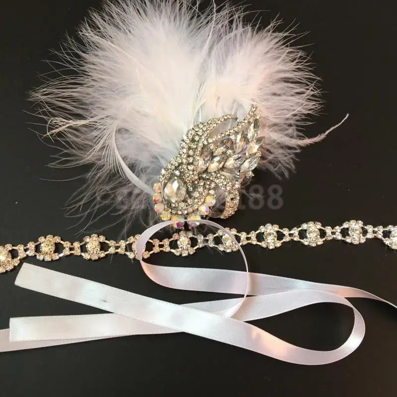 Головная повязка с белыми перьями, 1920 s, головной убор с кристаллами, цепочка для свадьбы, вечеринки, нарядное платье, женские аксессуары для волос