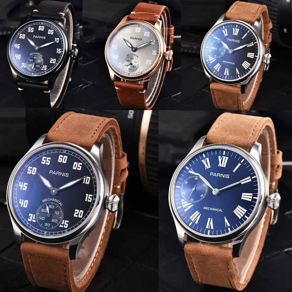 

44mm Parnis Black Dial Leather strap Luxury Brand Romantic Sweet gifts 17 jewels Hand Winding Mechanical men's Watch