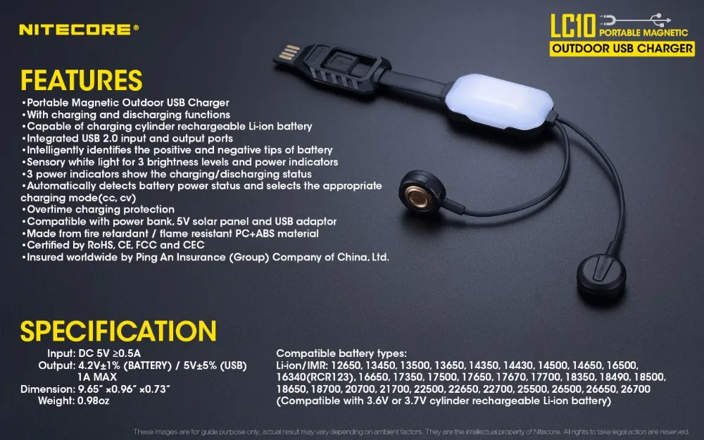 NITECORE LC10 портативное магнитное внешнее USB зарядное устройство для цилиндра литий-ионная аккумуляторная батарея 1A MAX DC 5V с датчиком светильник