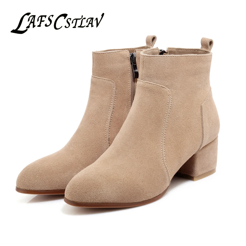 

LAFS CSTLAV Genuine Leather Cow Suede Chelsea Boots for Women Casual Pointed Toe Med Heel Short Winter Booties Ankle Boot Woman