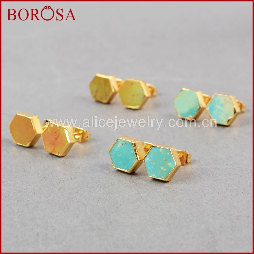 BOROSA 5 пар Высококачественная Шестигранная форма натуральная бирюза серьги-гвоздики модные природные драгоценные камни серьги для женщин как подарки G0611