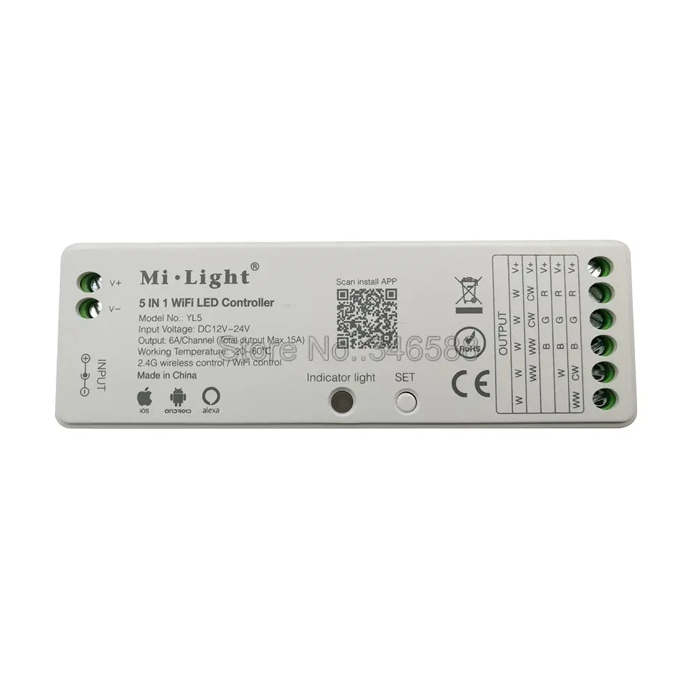 Milight YL5 2,4G 15A 5 в 1 WiFi светодиодный контроллер для одного цвета, CCT, RGB, RGBW, RGB+ CCT Светодиодная лента, поддержка Amazon Alexa Voice