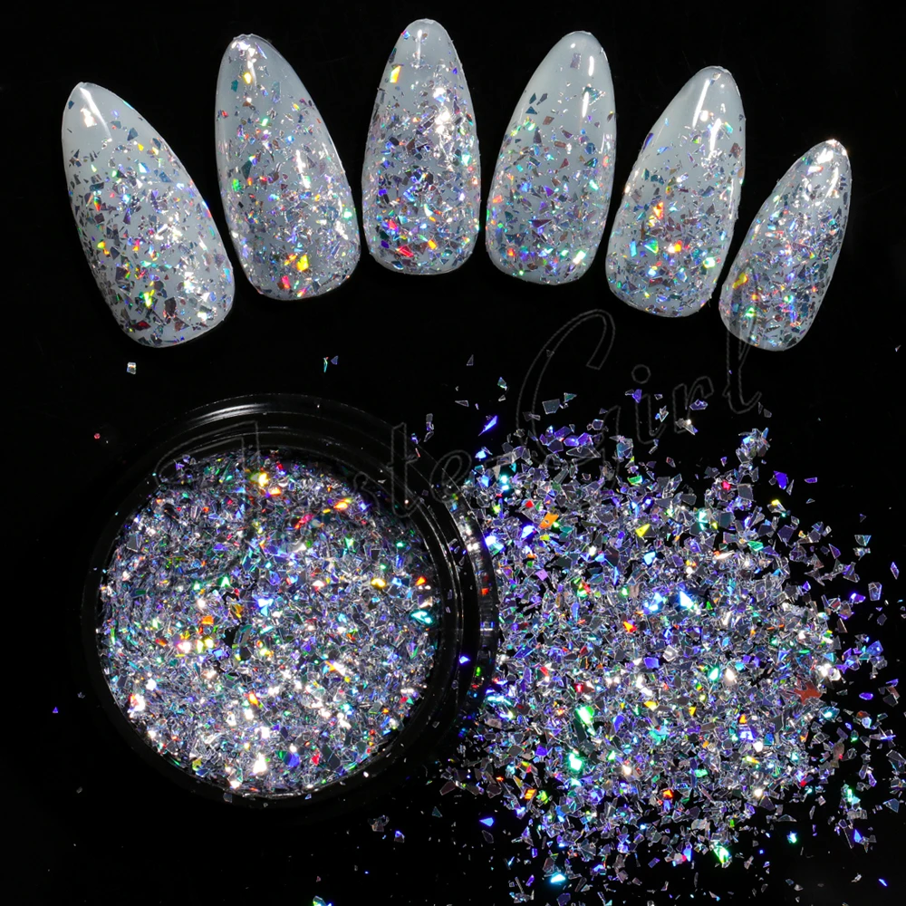 Лазерные серебряные сломанные блестки блеск для ногтей летние амулеты дизайн DIY нерегулярные блестки ногтей Пыль порошок