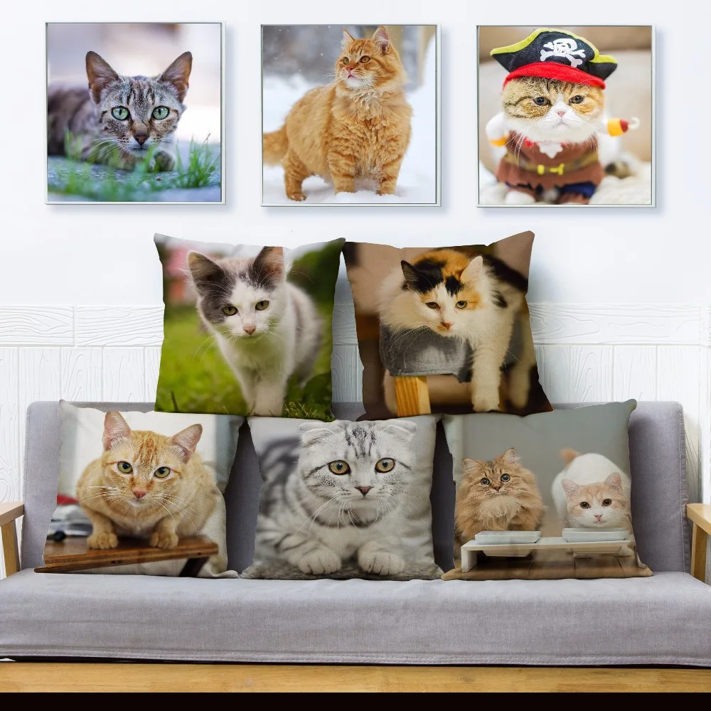 

Cute Pet Cat Print Throw Pillow Cover 45*45cm Square Cushion Covers Cotton Linen Pillow Case Car Sofa Home Decor Pillows Cases
