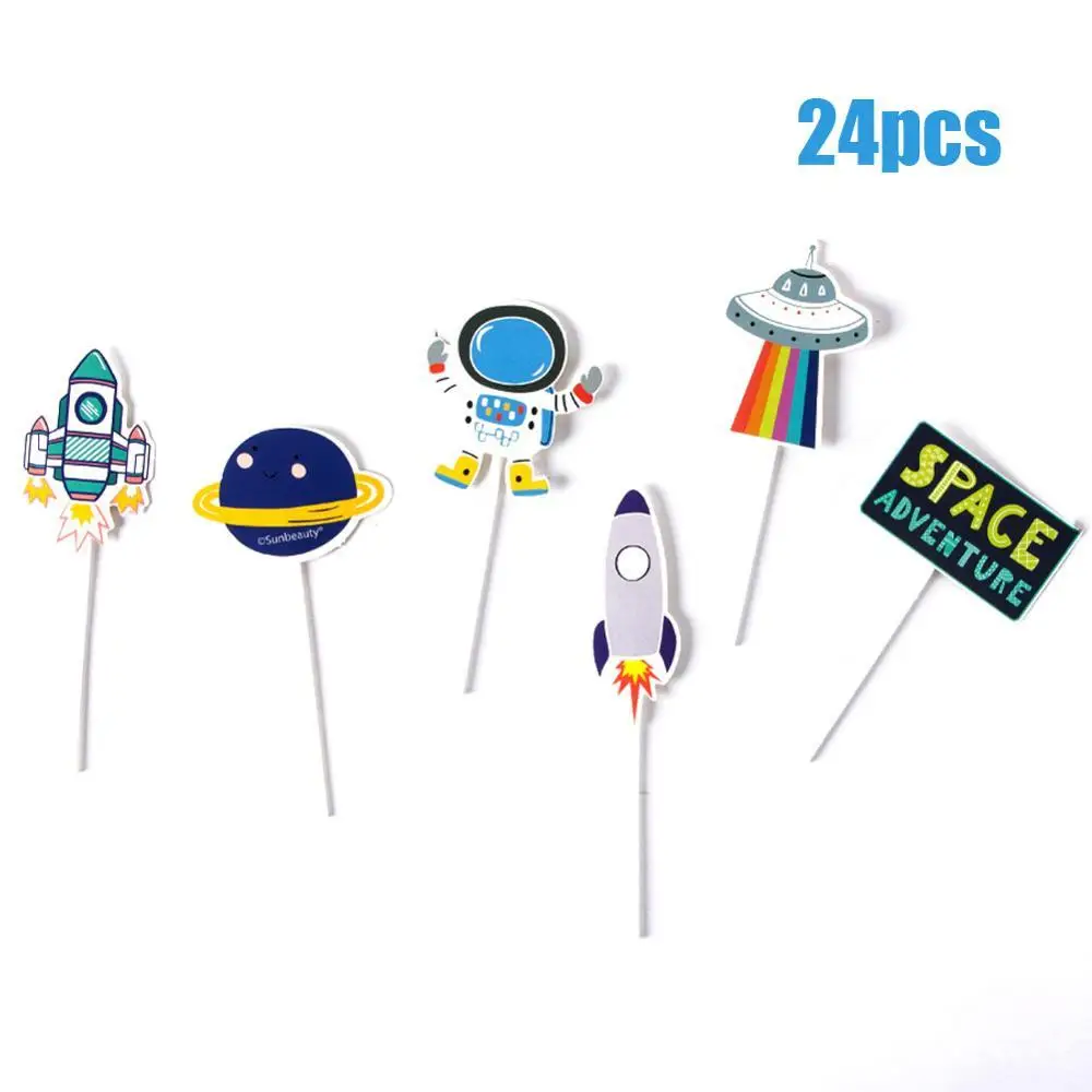 24pcs Space Adventure Cupcake Topper Kit Astronaut Spaceship Rocket Planet Cake Decorations Kids Birthday Party Baby Shower Boy