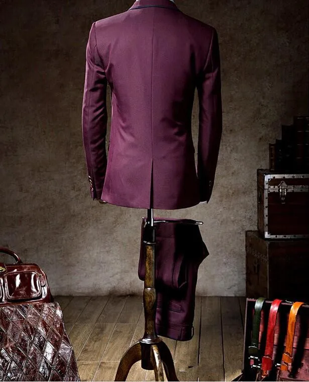 Бордовый Нотч одна кнопка куртка + брюки + жилет + галстук мода мужской костюм Homme элегантный Для мужчин костюмы Формальные красивый