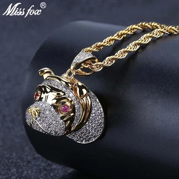 

MISSFOX Hip Hop Ruby Eye Jingba Dog Long Necklace Long 24k Gold Plated Jewelry AAA Cubic Zirconia Iced Out Big Men Pendant