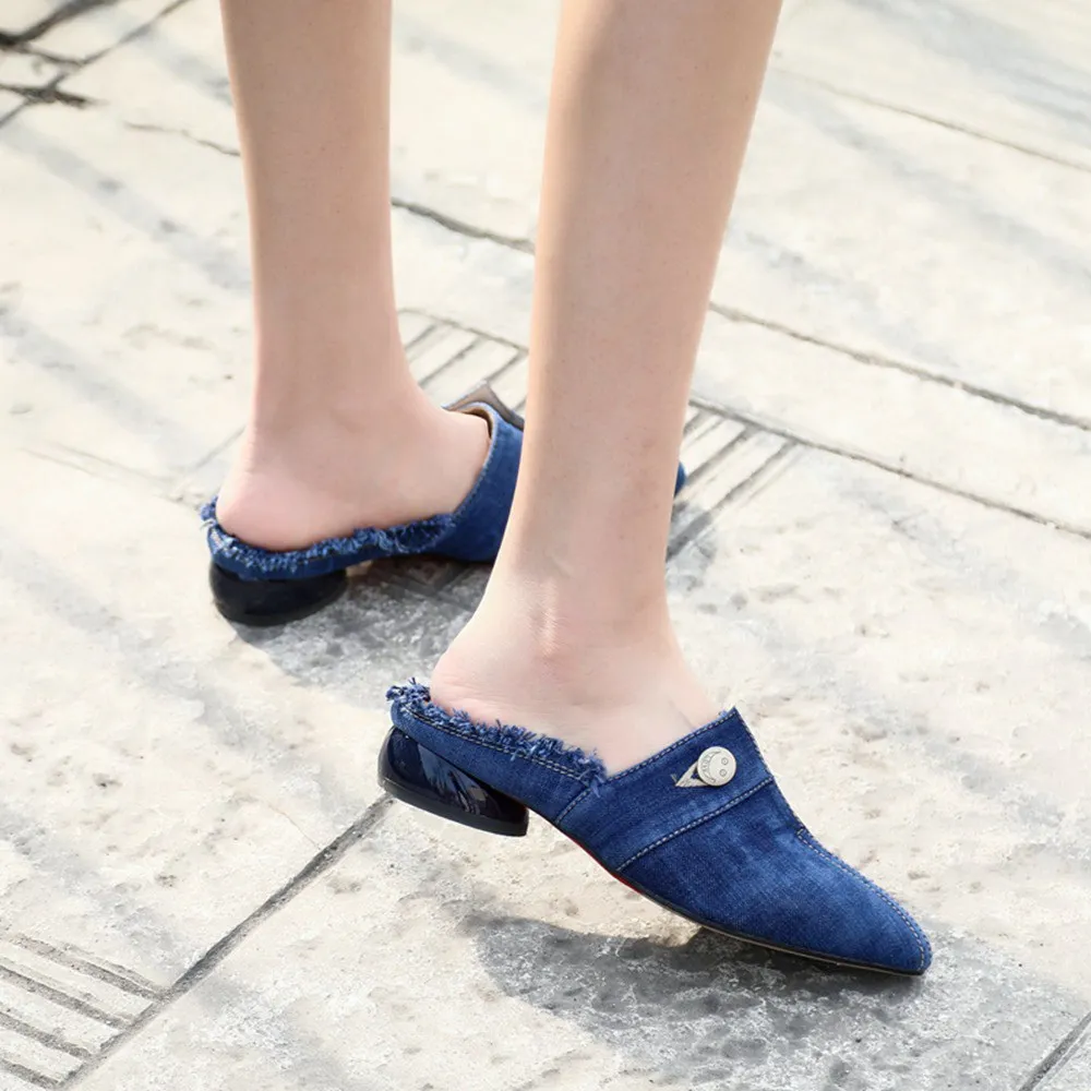 SIMLOVEYO/женские летние туфли без задника из джинсовой ткани с острым носком; женские шлепанцы на низком каблуке 3 см; дизайнерские брендовые сандалии; размер 40