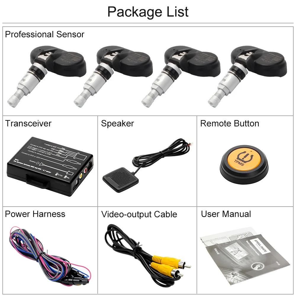 Steelmate TP-05 TPMS Tire Pressure Monitoring System for in-dash A/V Monitor with Remote Button 4 Professional Internal Sensors Steelmate TP-05 TPMS Tire Pressure Monitoring System for in-dash A/V Monitor with Remote Button 4 Professional Internal Sensors