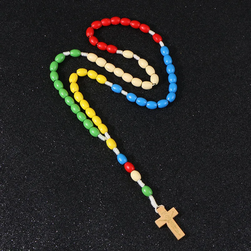 

KOMi Handmade Wooden Jesus Weave Colored Rosary Cross Pendant Necklace Beads Child Girl Catholic Religious Fashion Jewelry R-190