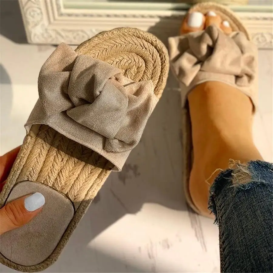 

Slippers Women Summer Bow Summer Sandals Slipper Indoor Outdoor Linen -flops Beach Shoes Female Fashion Floral Flat Sandals