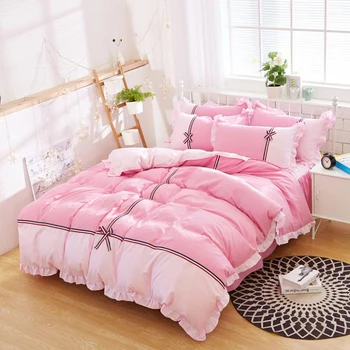 

Korean Princess Style Polyester Sanding Fabric Duvet Cover Bed Sheet Set Bow Knot Lace Design Girl Bedding Set