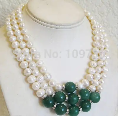 

Jewelr 002974 triple strands natural 10-11mm Akoya white pearl inlady jade necklace 17"-19